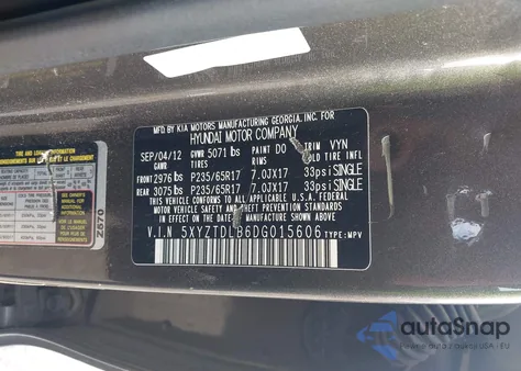 2013 Hyundai Santa Fe Sport z USA, uszkodzony, nr VIN 5XYZTDLB6DG015606